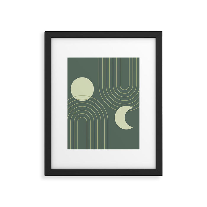 Mid Century Modern Geometric 126 in Forest Green Shades (Rainbow and Sun Abstraction) Framed Art Print Gallery Image 1