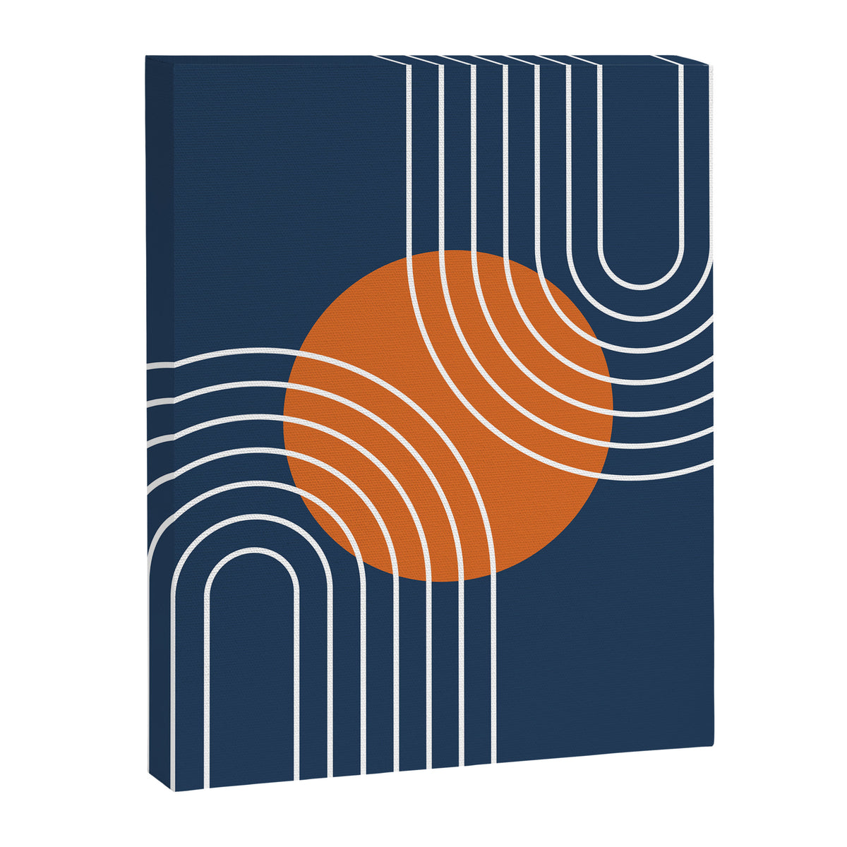 Mid Century Modern Geometric 133 in Navy Blue and vintage orange (Sun and Rainbow Abstract) Canvas Print Gallery Image 8