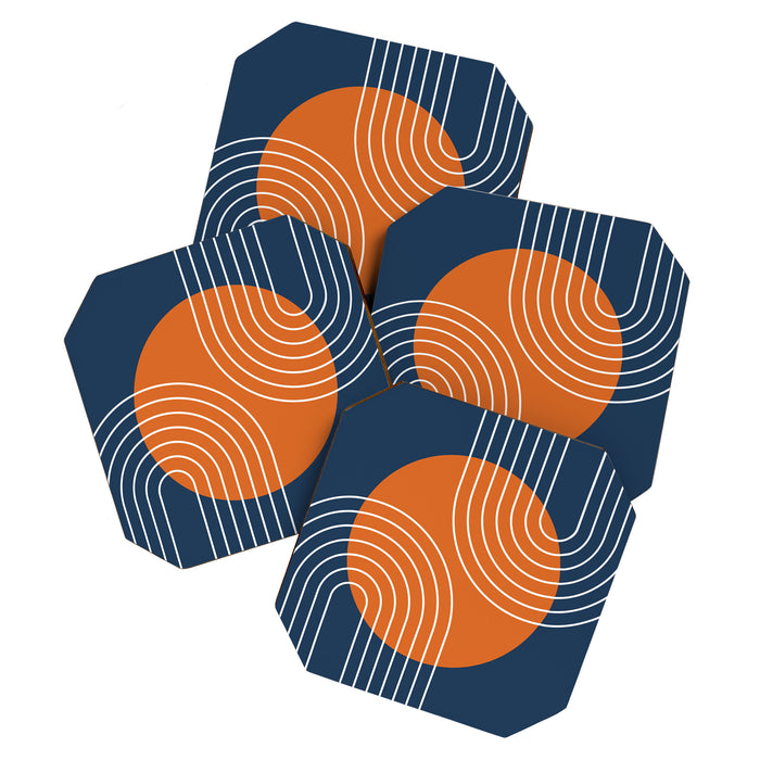 Mid Century Modern Geometric 161 Sun Rainbow abstract in Navy Blue Orange Coaster Gallery Image 1