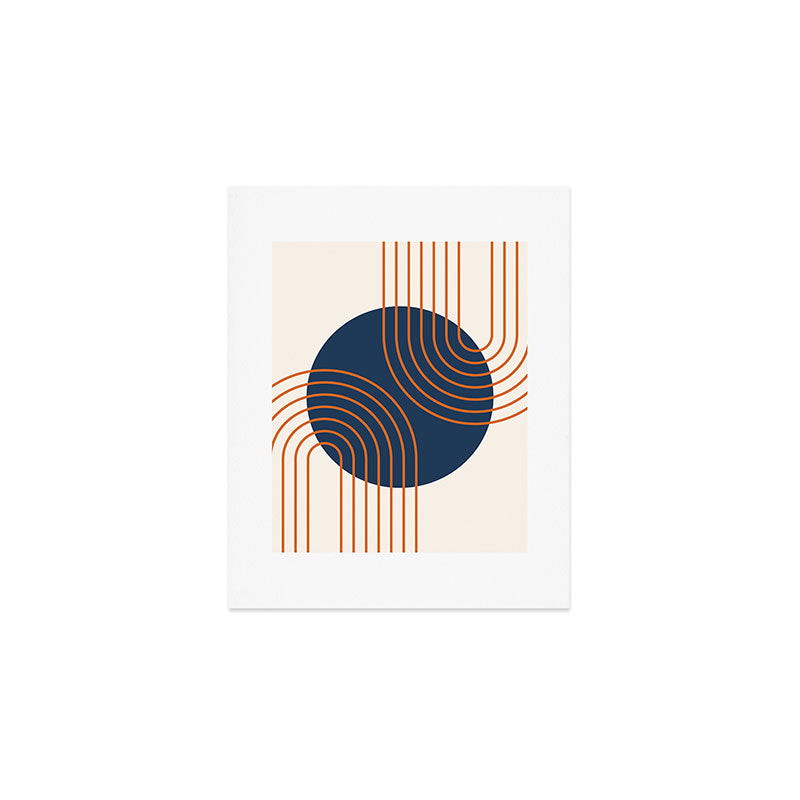 Mid Century Modern Geometric 162 Sun Rainbow abstract in Navy Blue Orange Art Print Gallery Image 1