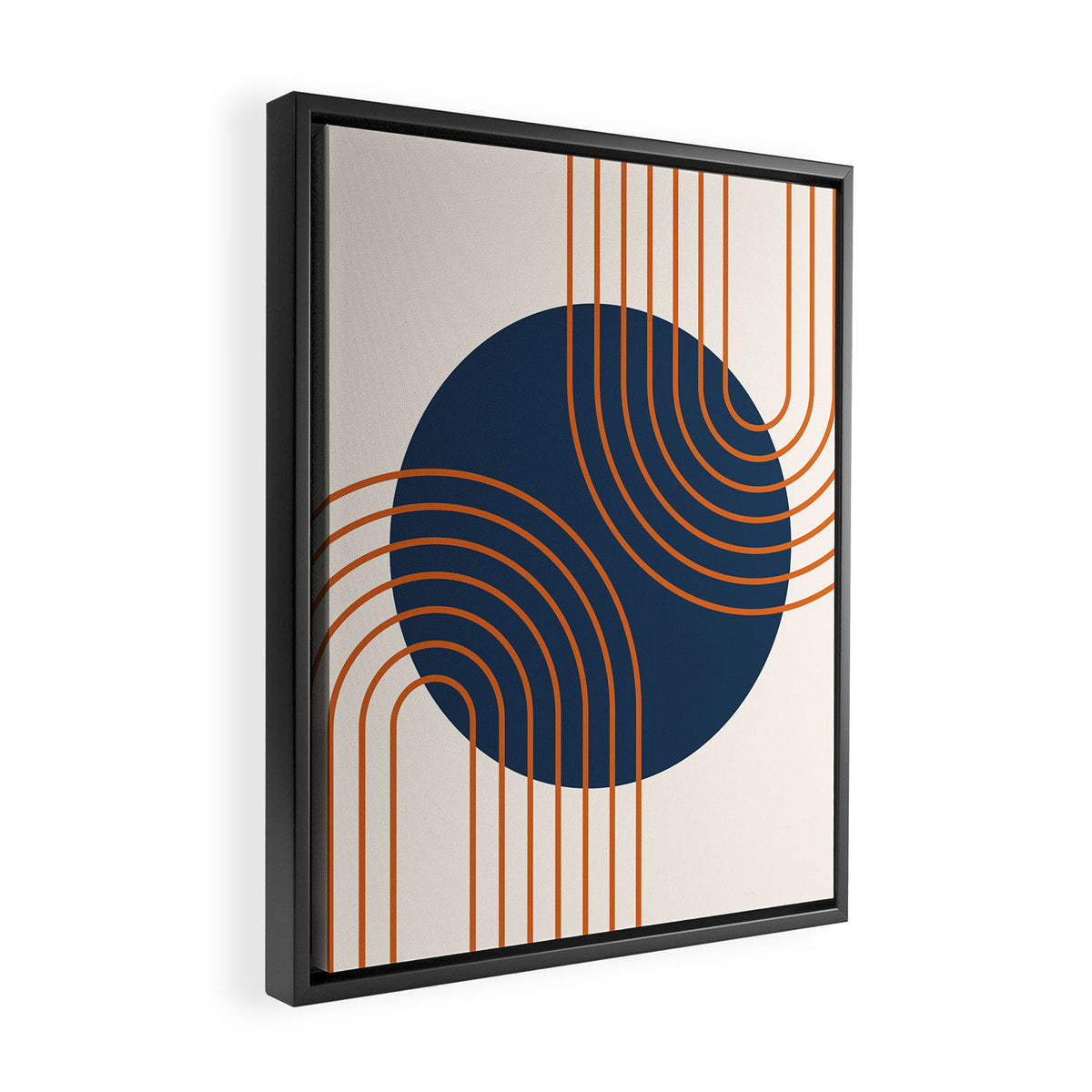 Mid Century Modern Geometric 162 Sun Rainbow abstract in Navy Blue Orange Framed Canvas Print Gallery Image 2