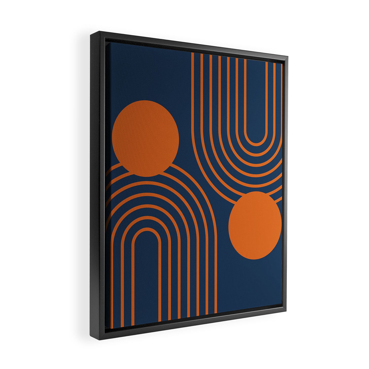 Mid Century Modern Geometric 186 in Navy Blue Orange Framed Canvas Print Gallery Image 2
