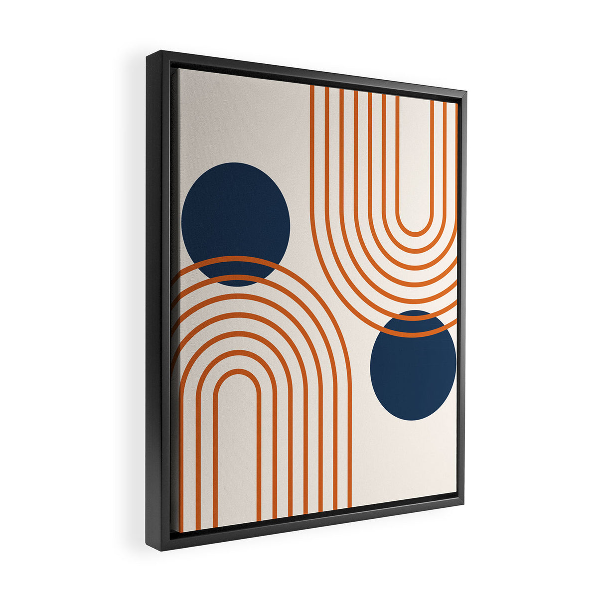 Mid Century Modern Geometric 195 in Navy Blue Orange Framed Canvas Print Gallery Image 2
