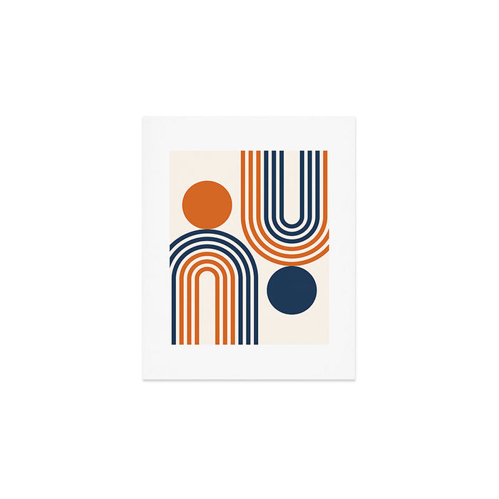 Mid Century Modern Geometric 450 in Navy Blue and Orange (Rainbow and Sun Abstraction) Art Print Gallery Image 1