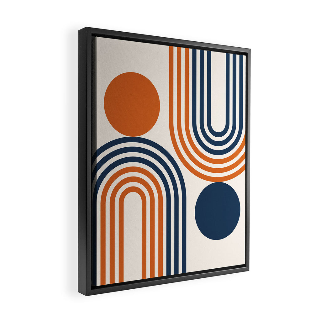 Mid Century Modern Geometric 450 in Navy Blue and Orange (Rainbow and Sun Abstraction) Framed Canvas Print Gallery Image 2