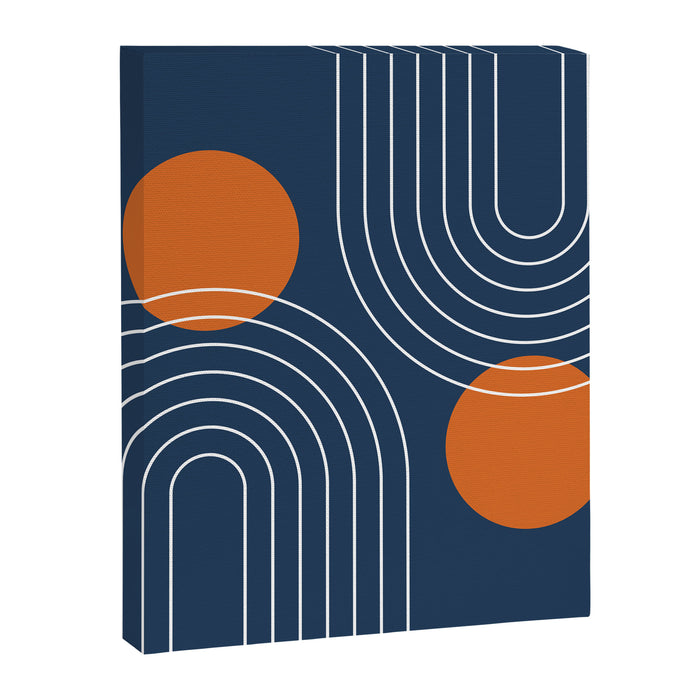 Mid Century Modern Geometric 83 in Navy Blue and Orange (Rainbow and Sun Abstraction) Canvas Print Gallery Image 1