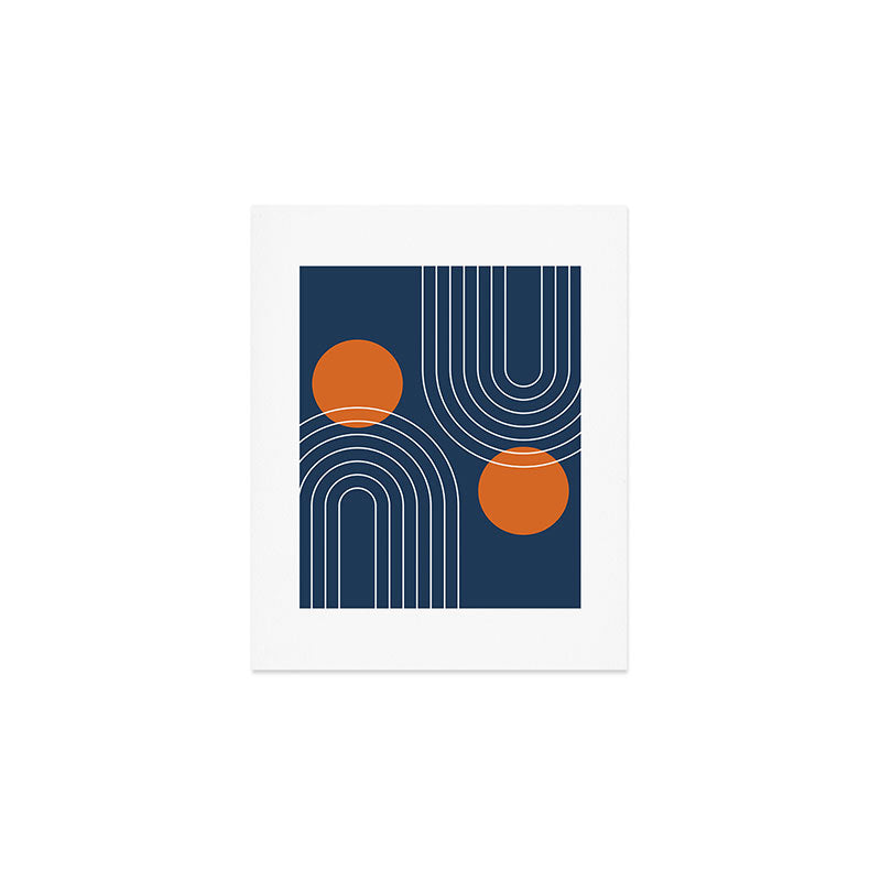 Mid Century Modern Geometric 83 in Navy Blue and Orange (Rainbow and Sun Abstraction) Art Print Gallery Image 1