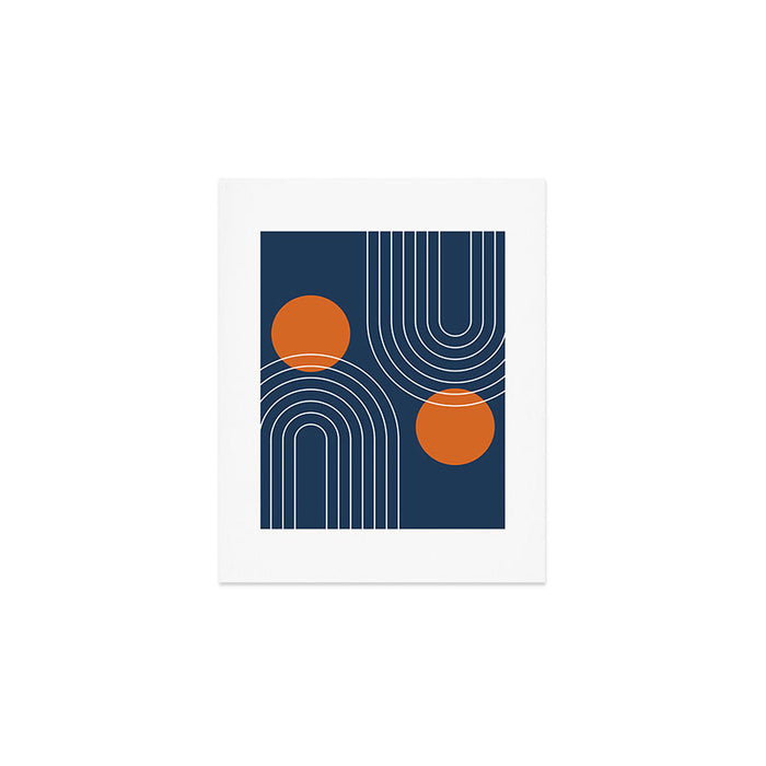 Mid Century Modern Geometric 83 in Navy Blue and Orange (Rainbow and Sun Abstraction) Art Print Gallery Image 1