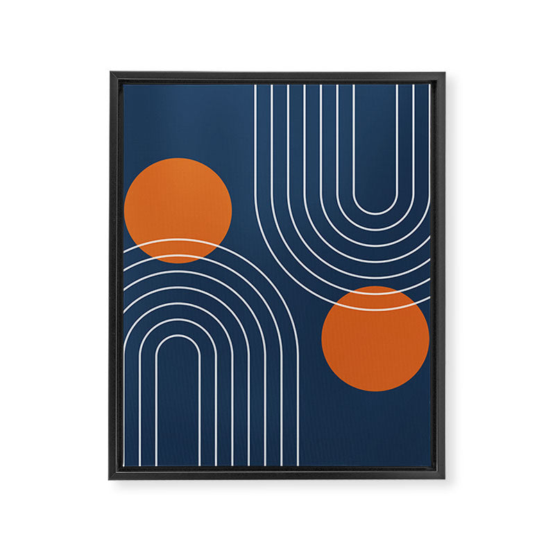 Mid Century Modern Geometric 83 in Navy Blue and Orange (Rainbow and Sun Abstraction) Framed Canvas Print Gallery Image 8