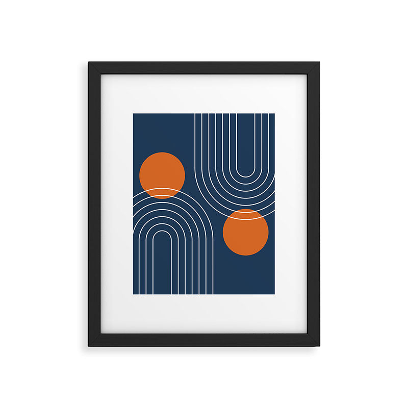 Mid Century Modern Geometric 83 in Navy Blue and Orange (Rainbow and Sun Abstraction) Framed Art Print Gallery Image 6