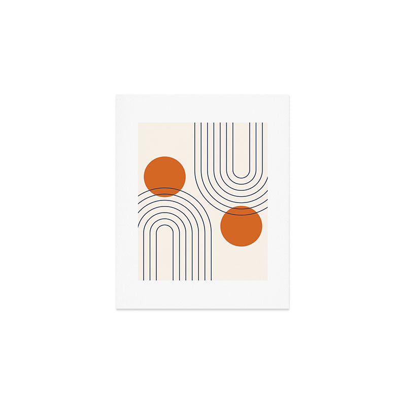 Mid Century Modern Geometric 88 in Navy Blue and Orange (Rainbow and Sun Abstraction) Art Print Gallery Image 1