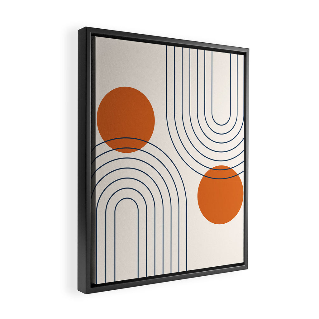 Mid Century Modern Geometric 88 in Navy Blue and Orange (Rainbow and Sun Abstraction) Framed Canvas Print Gallery Image 2