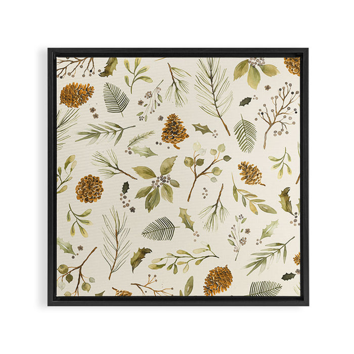 Christmas holiday botanical Pinecones and Holly Ecru Gold Framed Canvas Print Gallery Image 1