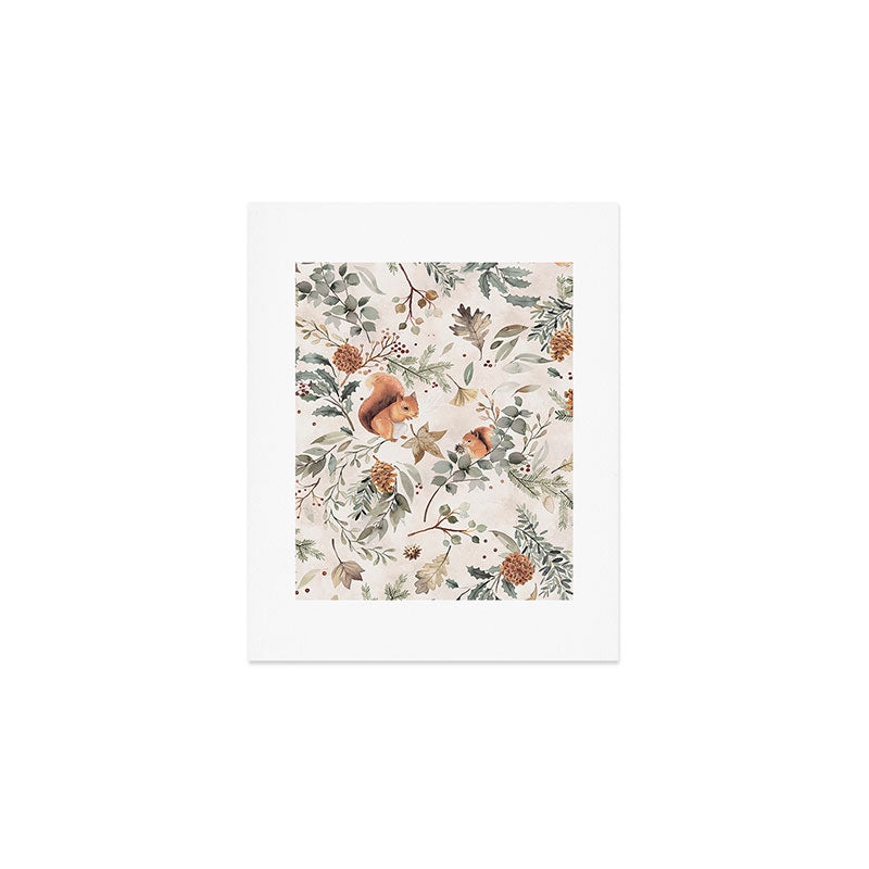 Harvest 2025 Woodland Squirrel Botanical Leaves Watercolor Ecru Art Print Gallery Image 1