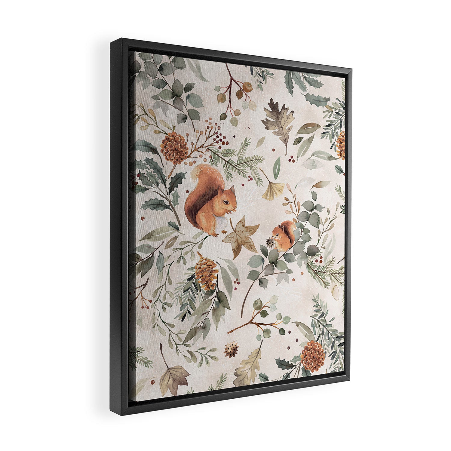 Harvest 2025 Woodland Squirrel Botanical Leaves Watercolor Ecru Framed Canvas Print Gallery Image 2