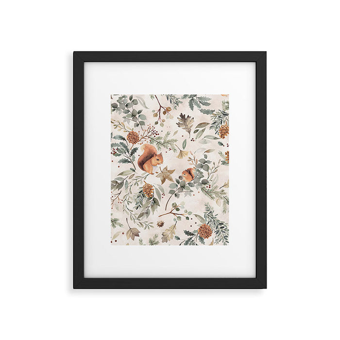 Harvest 2025 Woodland Squirrel Botanical Leaves Watercolor Ecru Framed Art Print Gallery Image 1