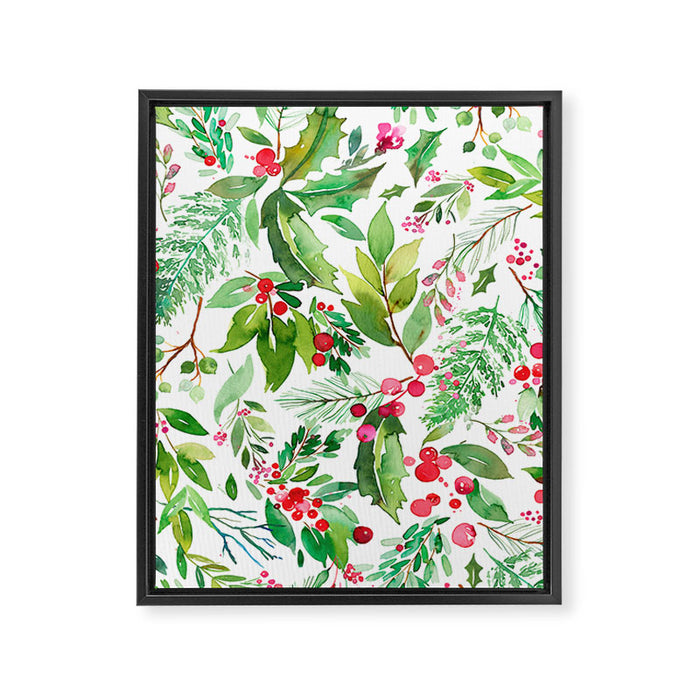 Holiday Christmas Winter Nature Botanical Leaves Green Framed Canvas Print Gallery Image 1