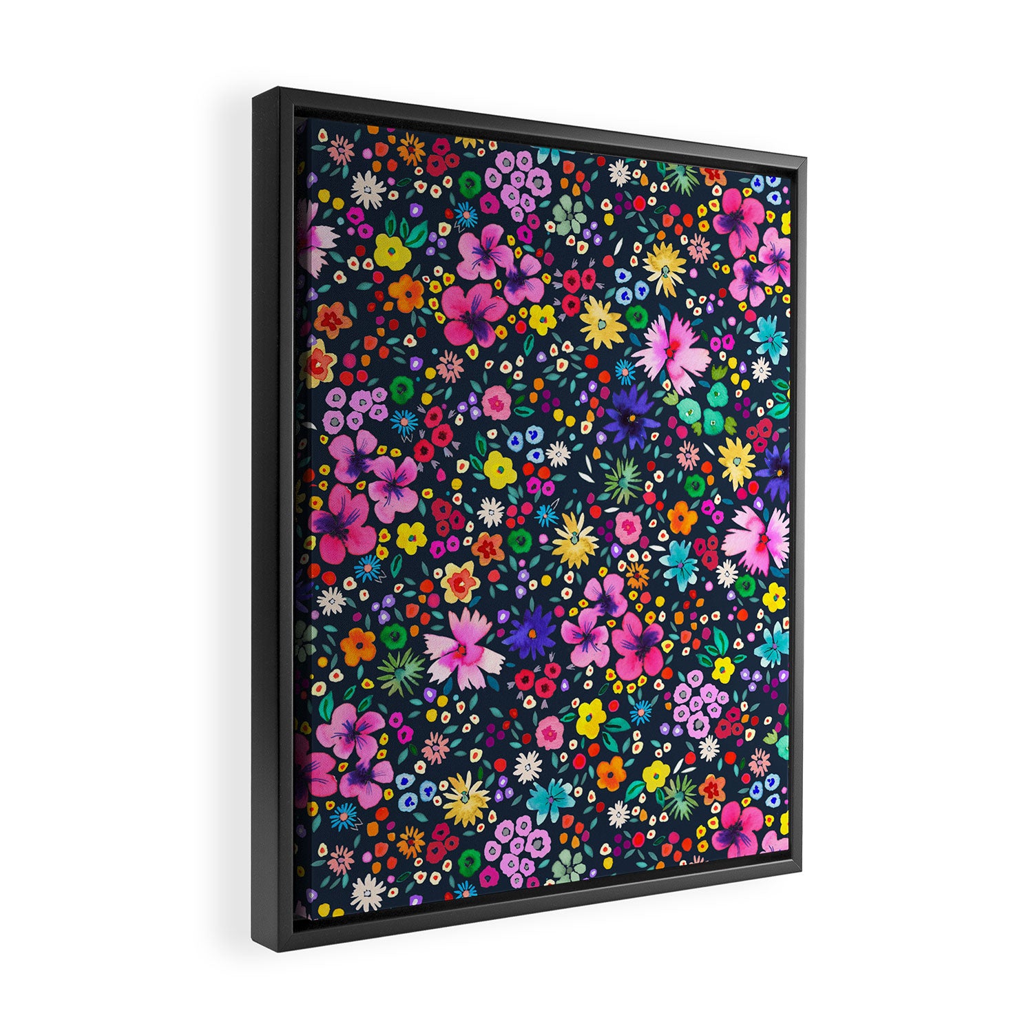 Millefleurs Spring Little Flowers Folky Navy Framed Canvas Print Gallery Image 2