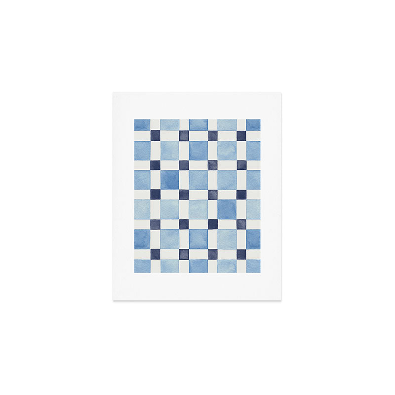 Mosaic plaids geometric pattern watercolor Soft blue Art Print Gallery Image 1