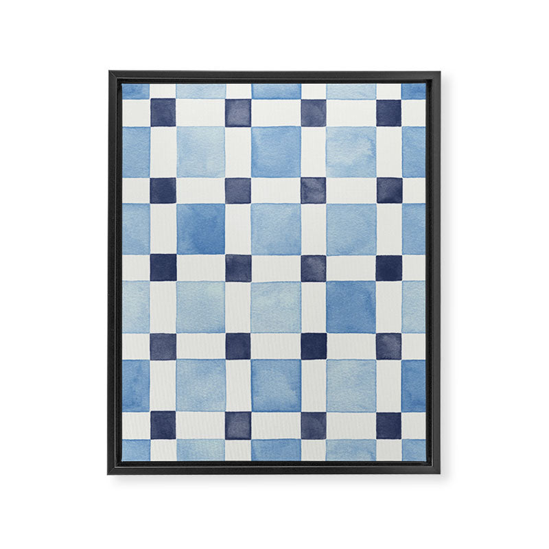 Mosaic plaids geometric pattern watercolor Soft blue Framed Canvas Print Gallery Image 8