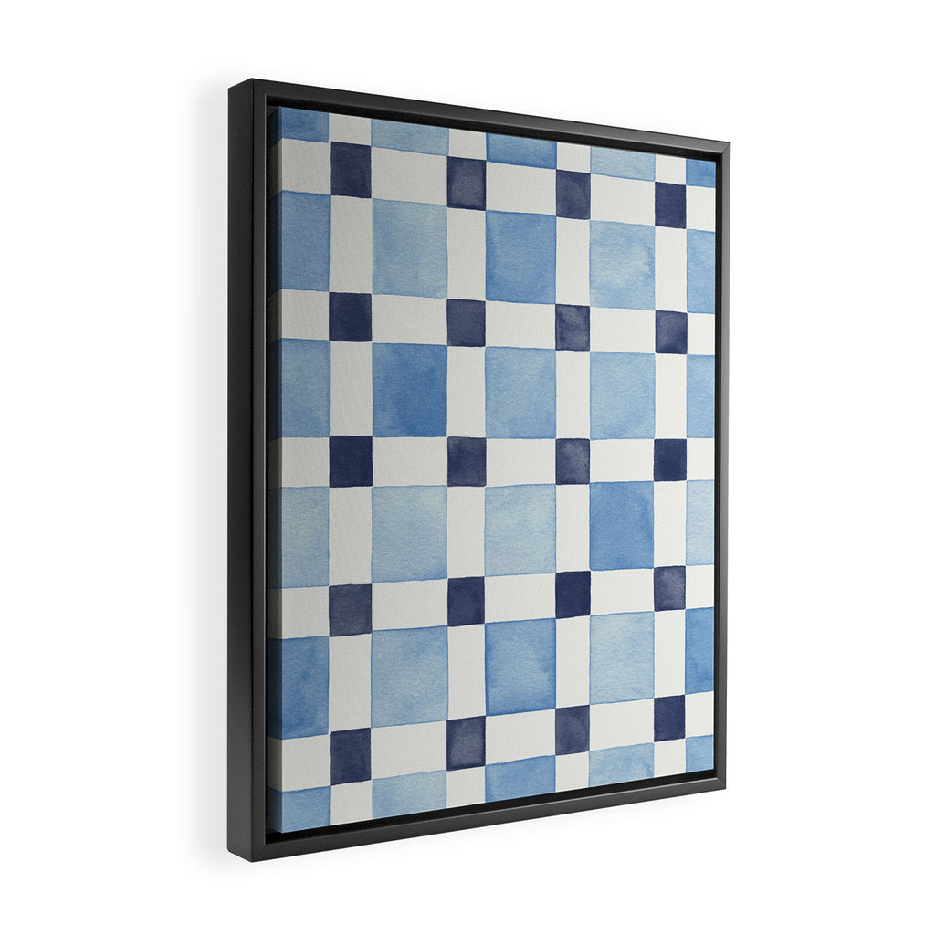 Mosaic plaids geometric pattern watercolor Soft blue Framed Canvas Print Gallery Image 2
