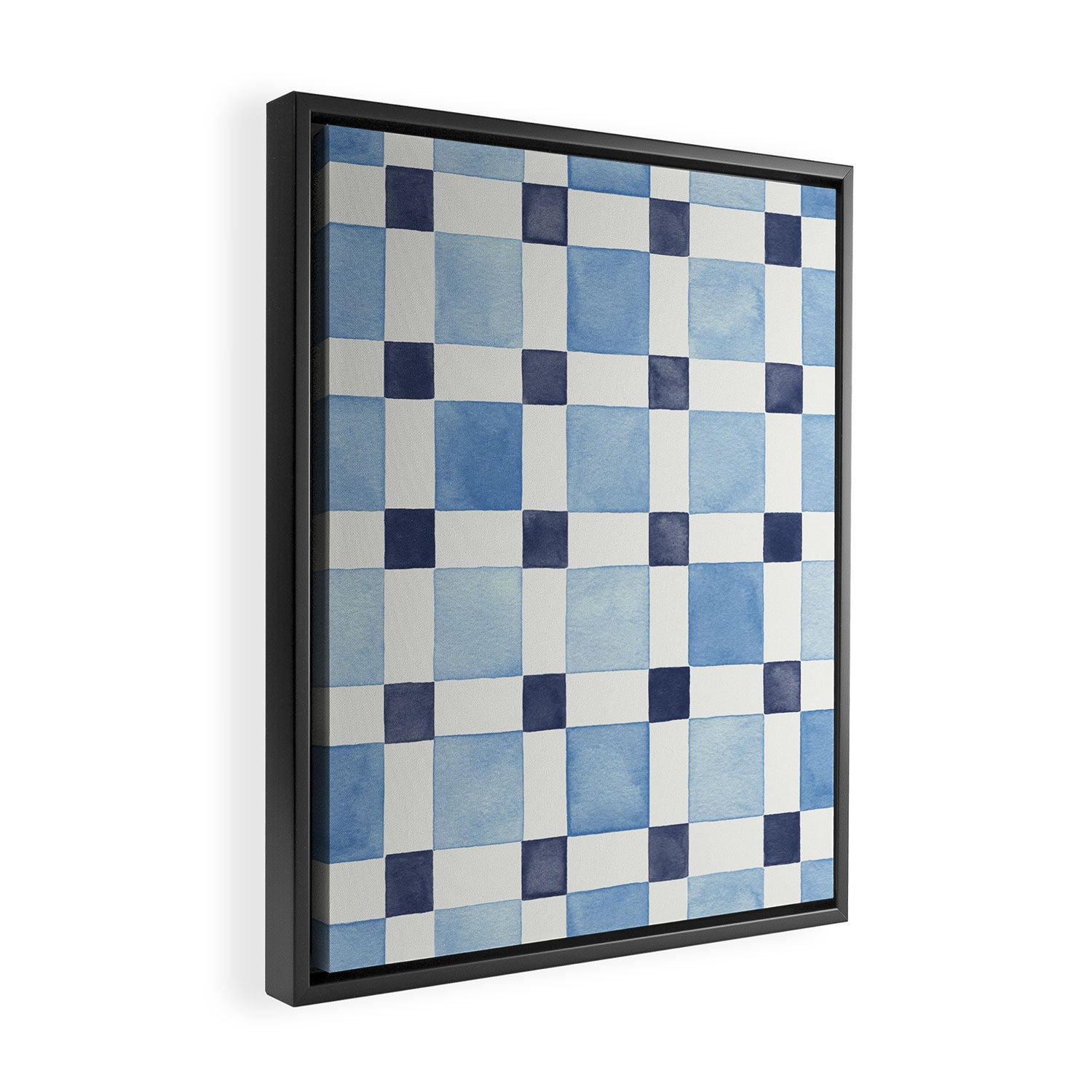 Mosaic plaids geometric pattern watercolor Soft blue Framed Canvas Print Gallery Image 2