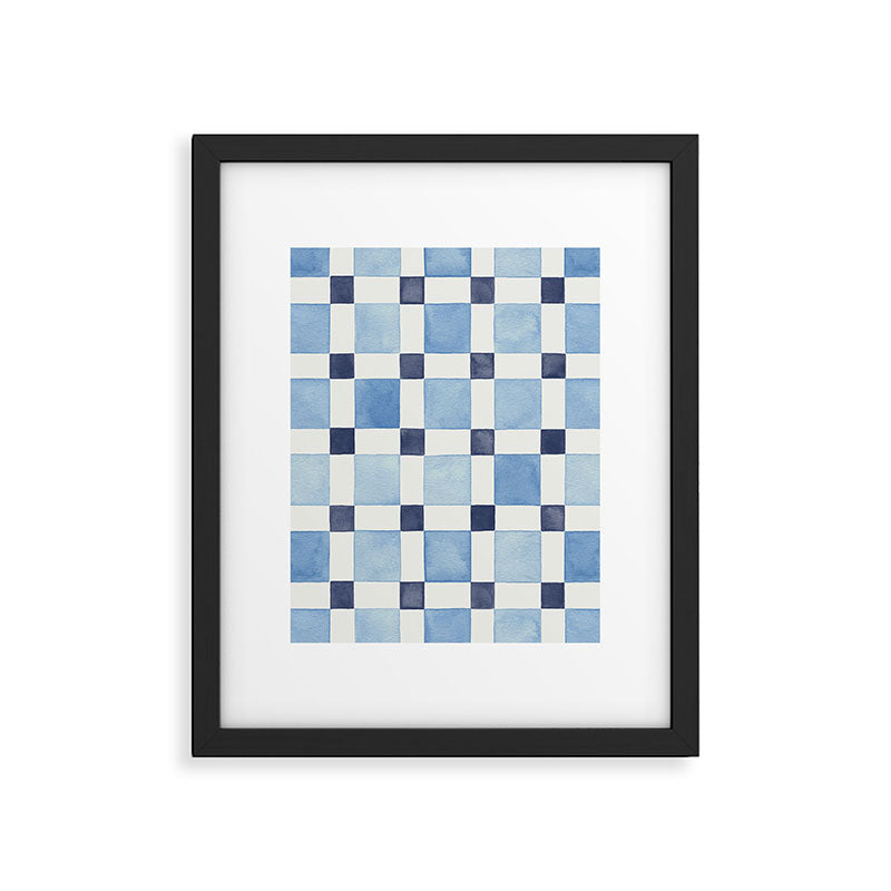 Mosaic plaids geometric pattern watercolor Soft blue Framed Art Print Gallery Image 6