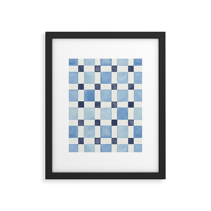 Mosaic plaids geometric pattern watercolor Soft blue Framed Art Print Gallery Image 1