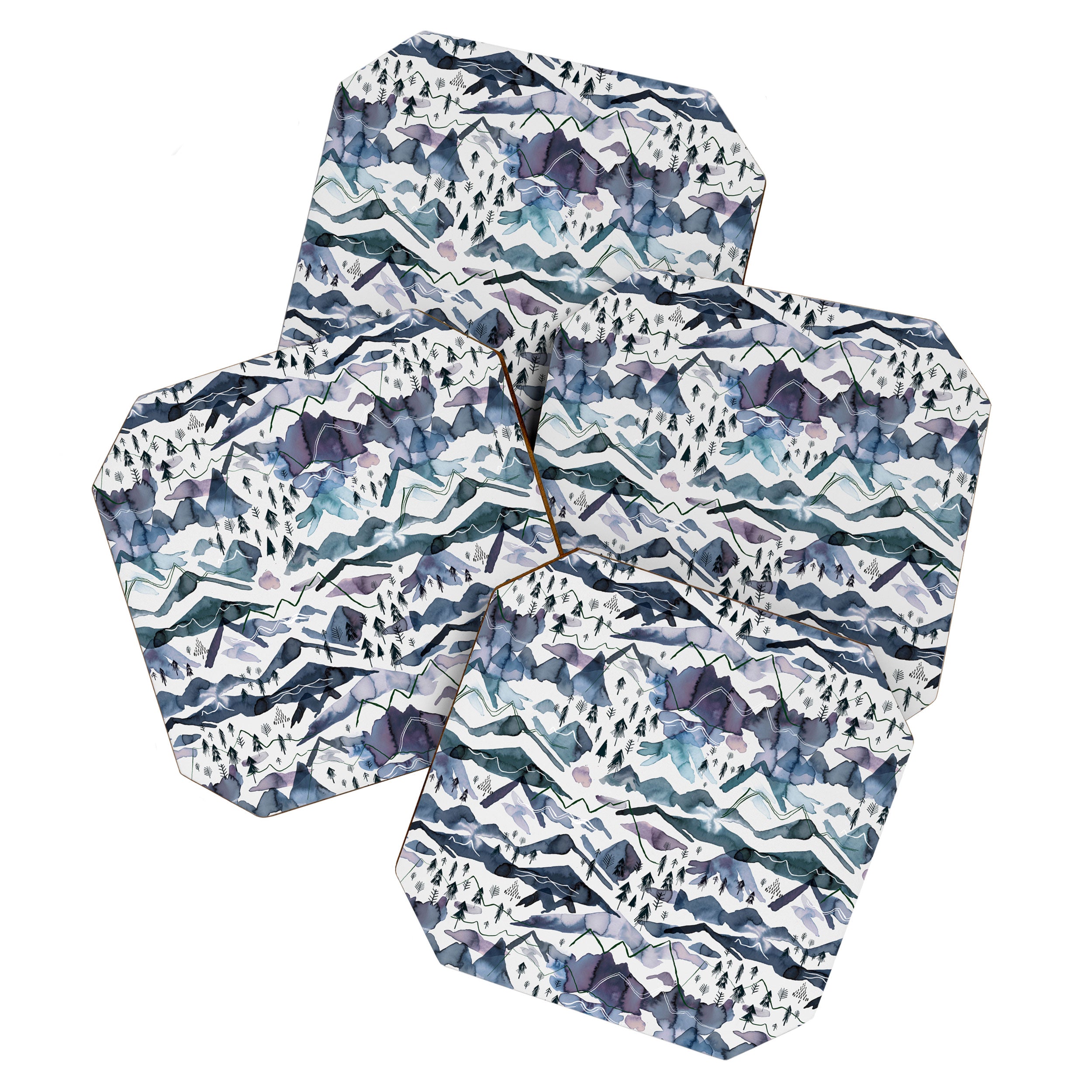 Mountains Watercolor Nature Trees Ski Snow Blue Indigo Coaster Gallery Image 1