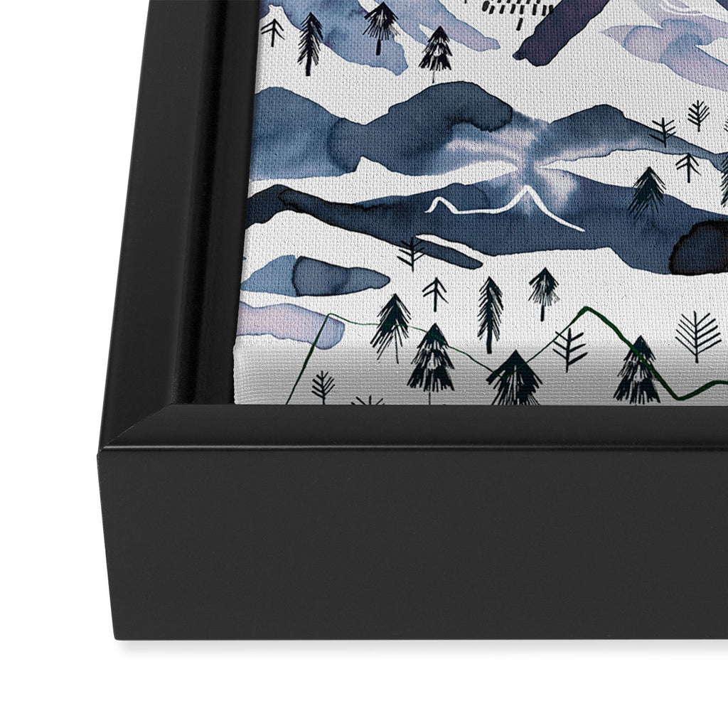 Mountains Watercolor Nature Trees Ski Snow Blue Indigo Framed Canvas Print Gallery Image 3