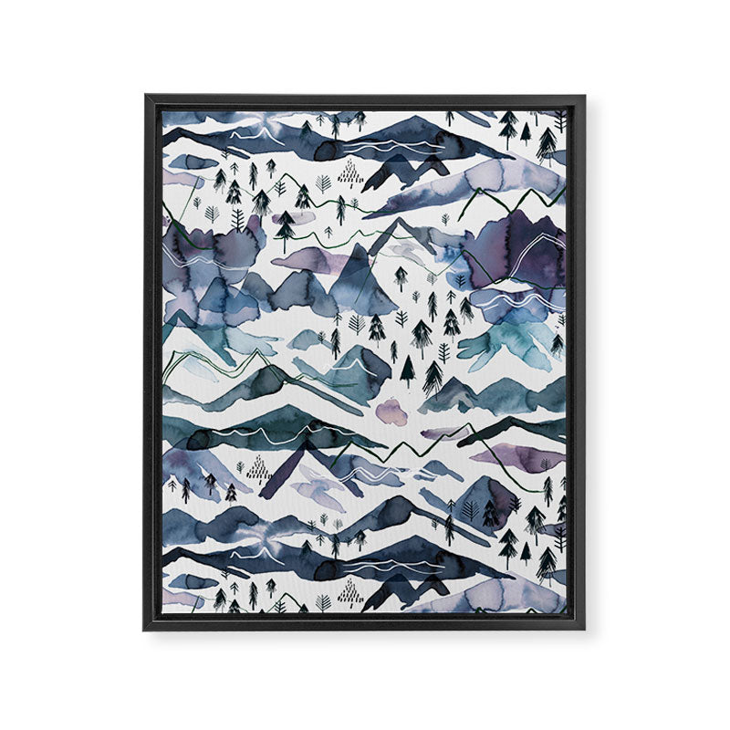 Mountains Watercolor Nature Trees Ski Snow Blue Indigo Framed Canvas Print Gallery Image 8