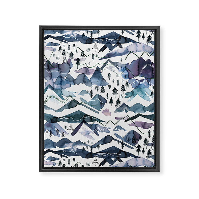 Mountains Watercolor Nature Trees Ski Snow Blue Indigo Framed Canvas Print Gallery Image 1