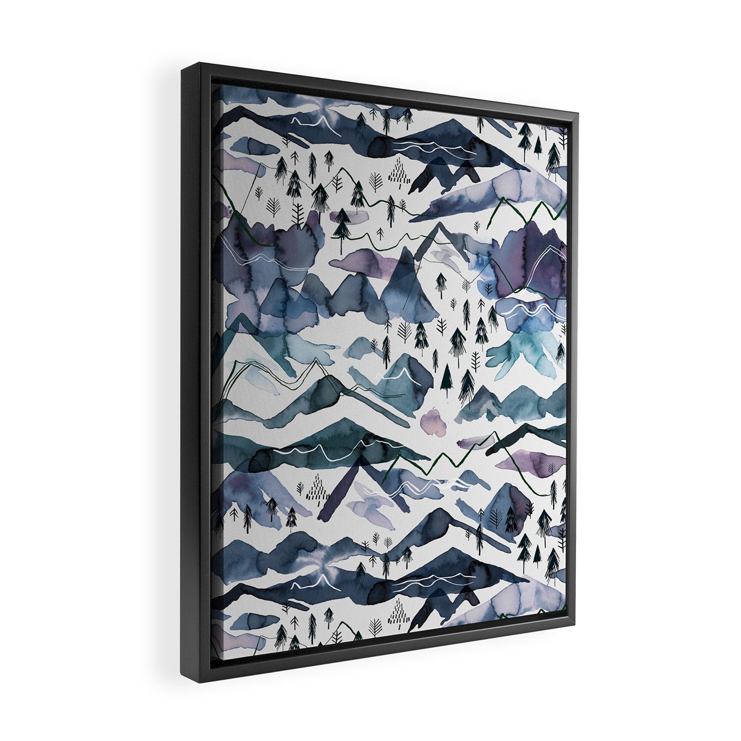 Mountains Watercolor Nature Trees Ski Snow Blue Indigo Framed Canvas Print Gallery Image 2