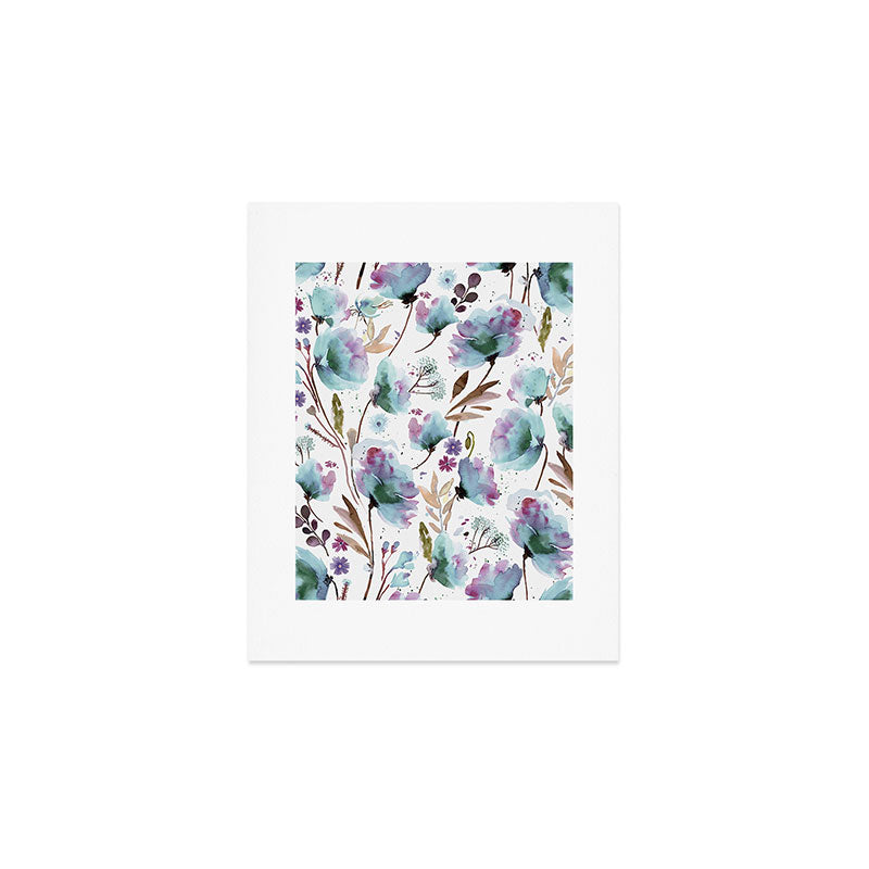 Poppies Loose Floral Watercolor - Meadow Wildflowers - Aqua Plum  Art Print Gallery Image 1