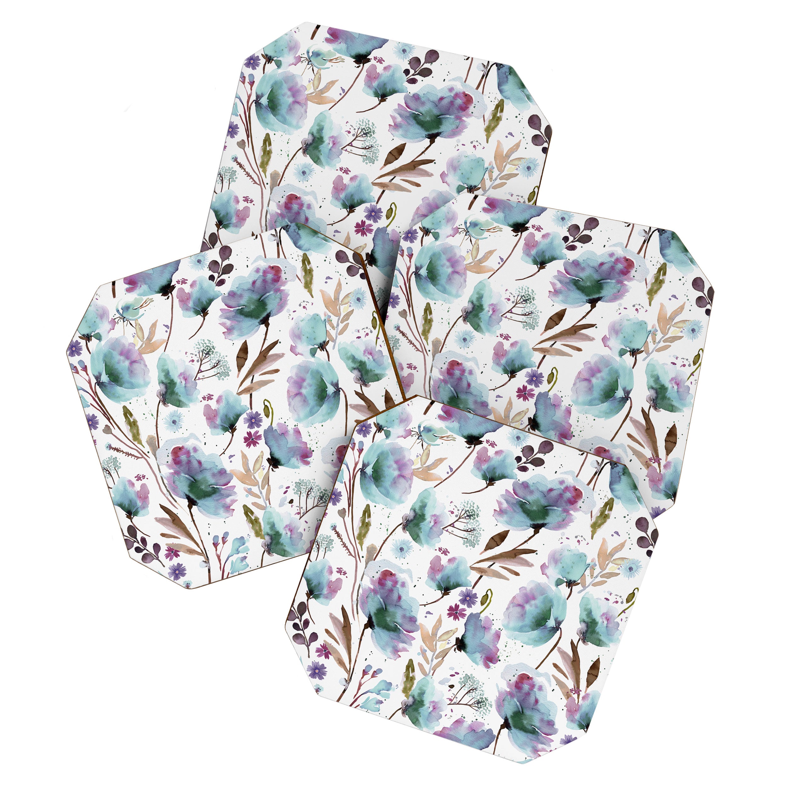 Poppies Loose Floral Watercolor - Meadow Wildflowers - Aqua Plum  Coaster Gallery Image 1