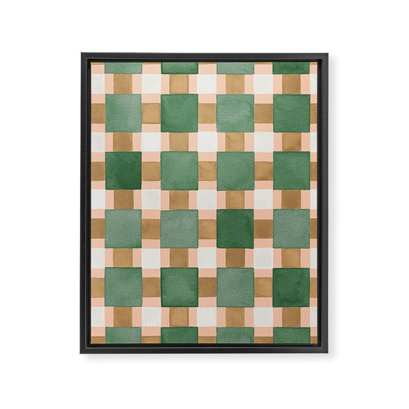 Retro plaid checks geometry Green Ocre Framed Canvas Print Gallery Image 8