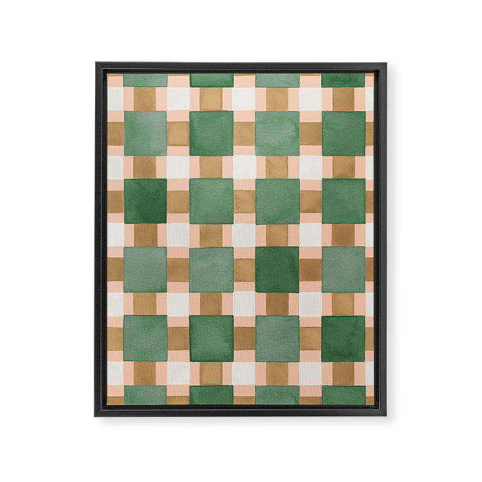 Retro plaid checks geometry Green Ocre Framed Canvas Print Gallery Image 1