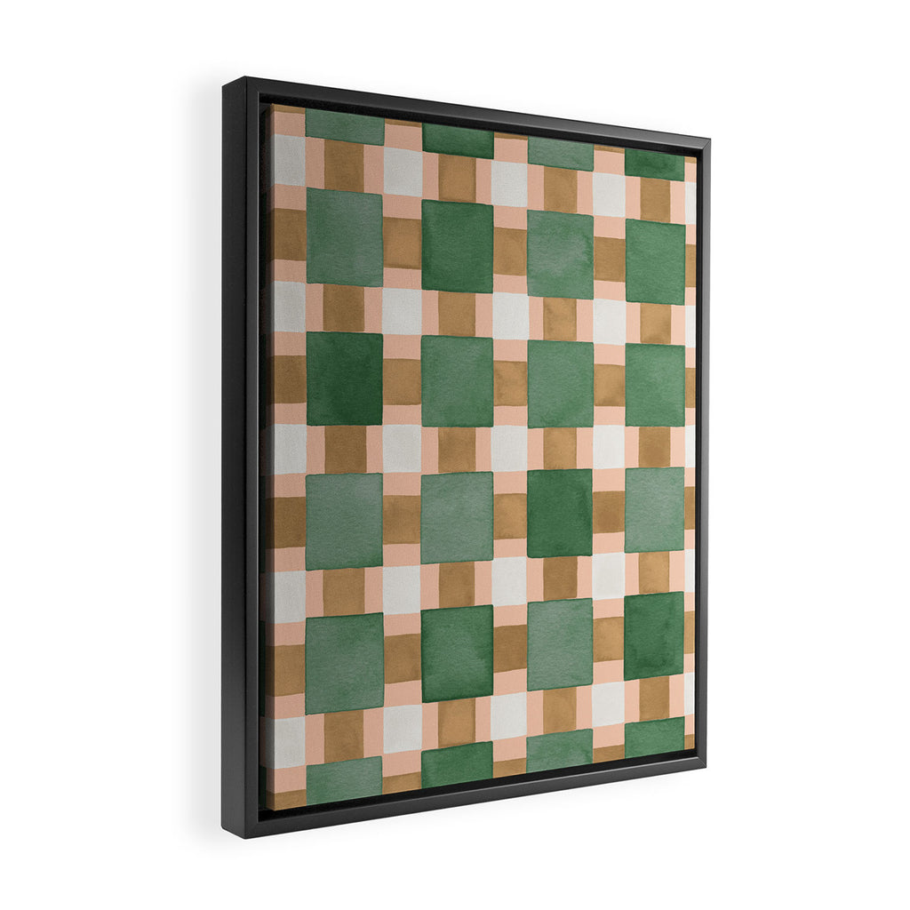 Retro plaid checks geometry Green Ocre Framed Canvas Print Gallery Image 2