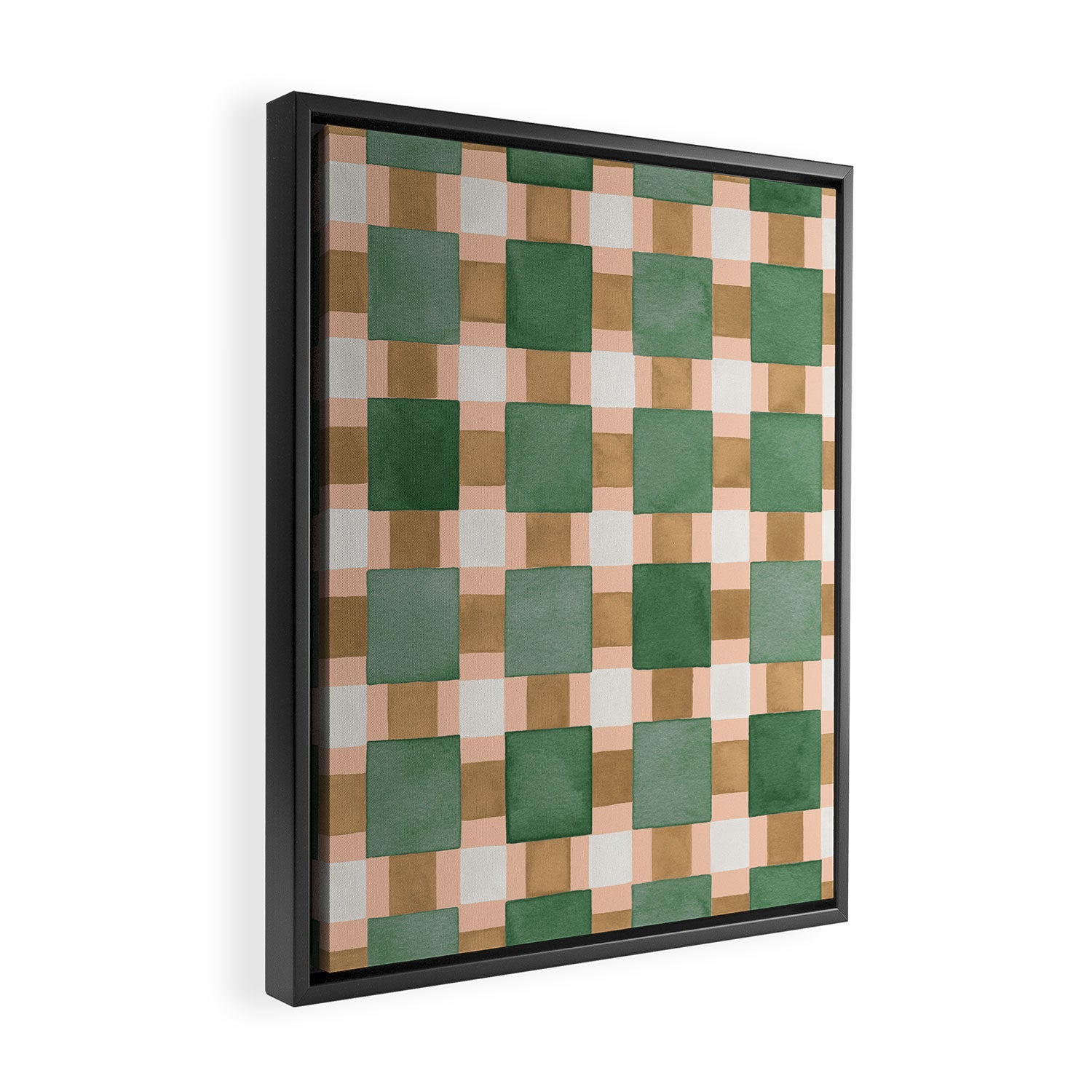 Retro plaid checks geometry Green Ocre Framed Canvas Print Gallery Image 2