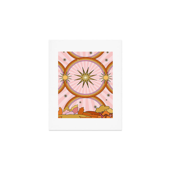 Hippie pink rainbow and sun, abstract landscape Art Print Gallery Image 1