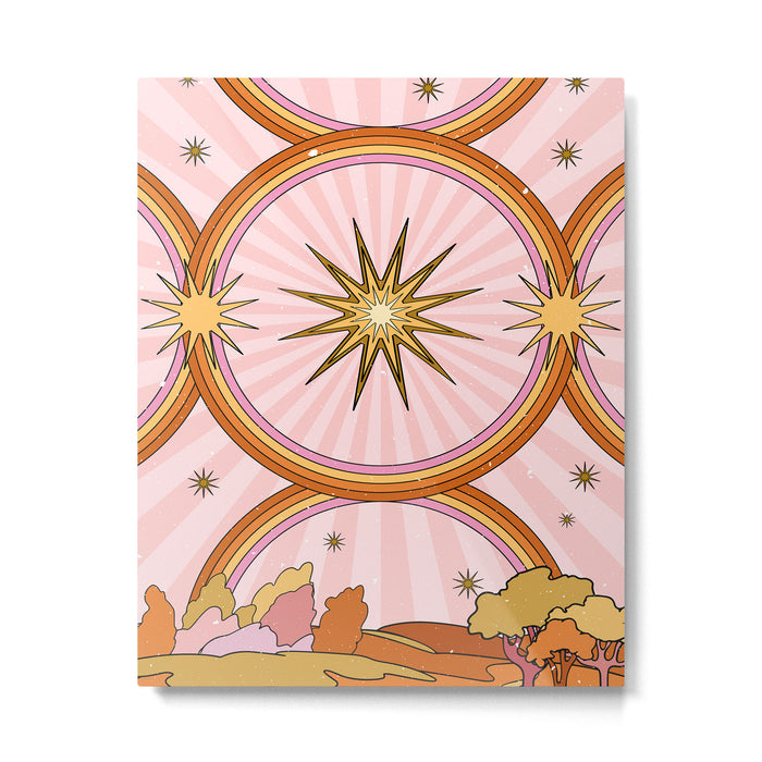 Hippie pink rainbow and sun, abstract landscape Metal Print Gallery Image 1