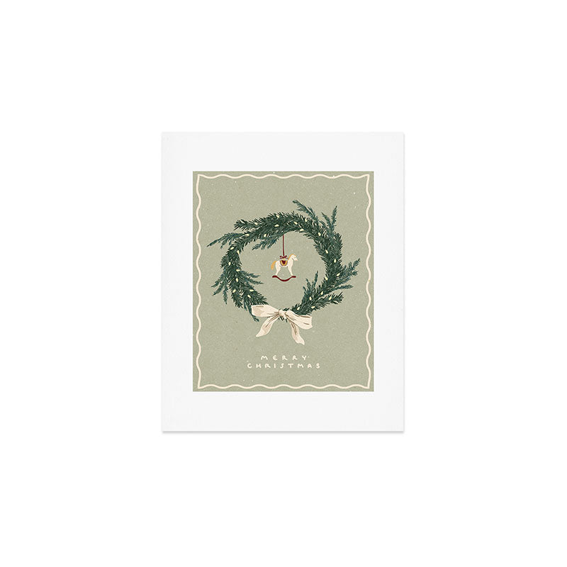Horses toy on Christmas wreath with bow Art Print Gallery Image 1
