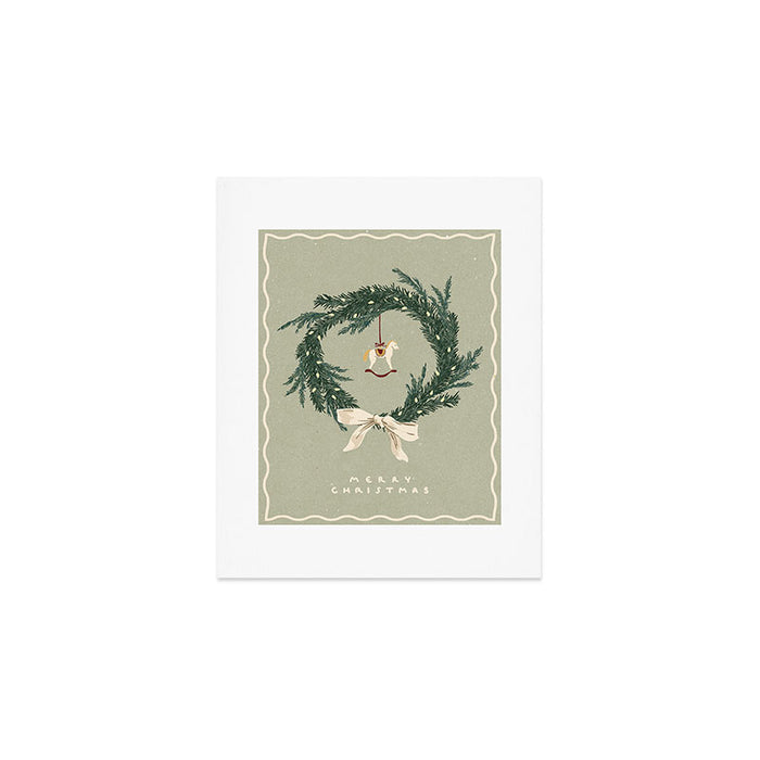 Horses toy on Christmas wreath with bow Art Print Gallery Image 1