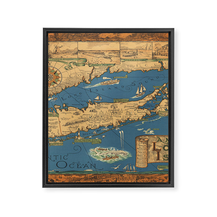 Long Island map.-Vintage Pictorial Map Framed Canvas Print Gallery Image 1