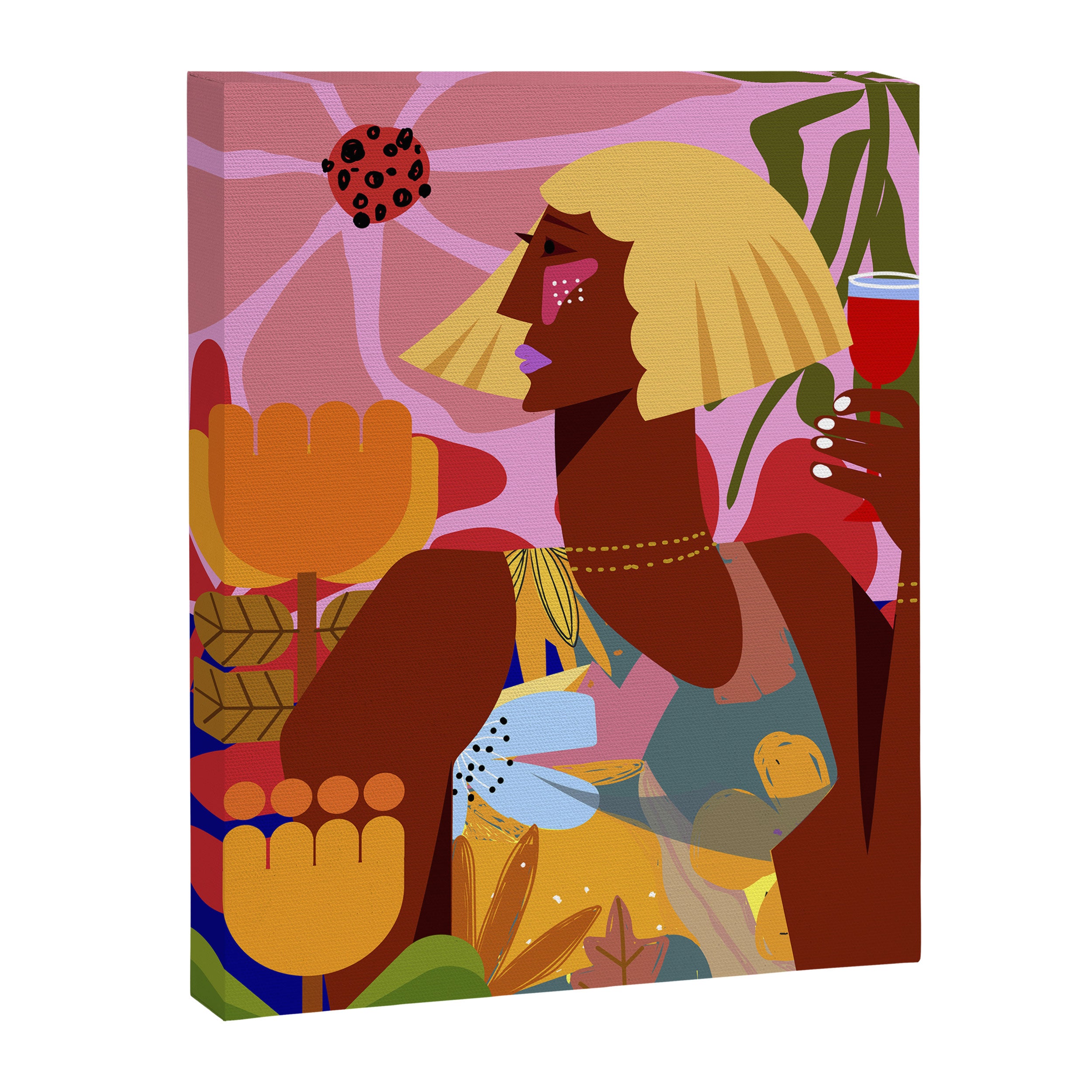 Woman with wine in floral garden Canvas Print Gallery Image 6