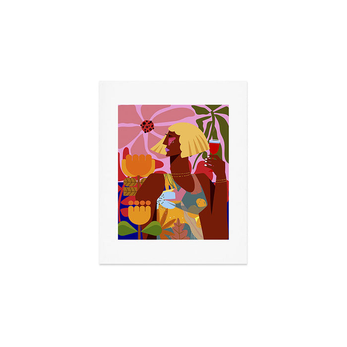 Woman with wine in floral garden Art Print Gallery Image 1