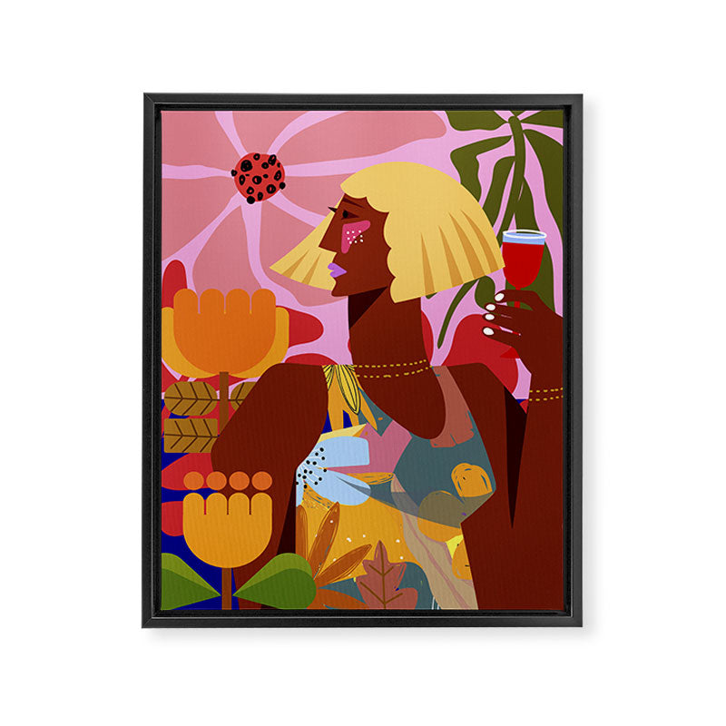 Woman with wine in floral garden Framed Canvas Print Gallery Image 6