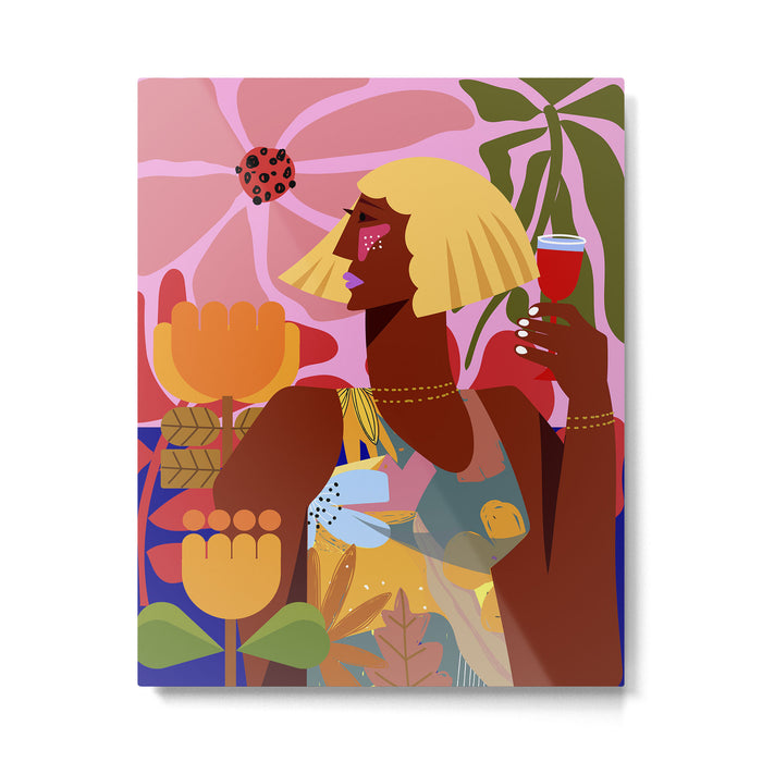 Woman with wine in floral garden Metal Print Gallery Image 1