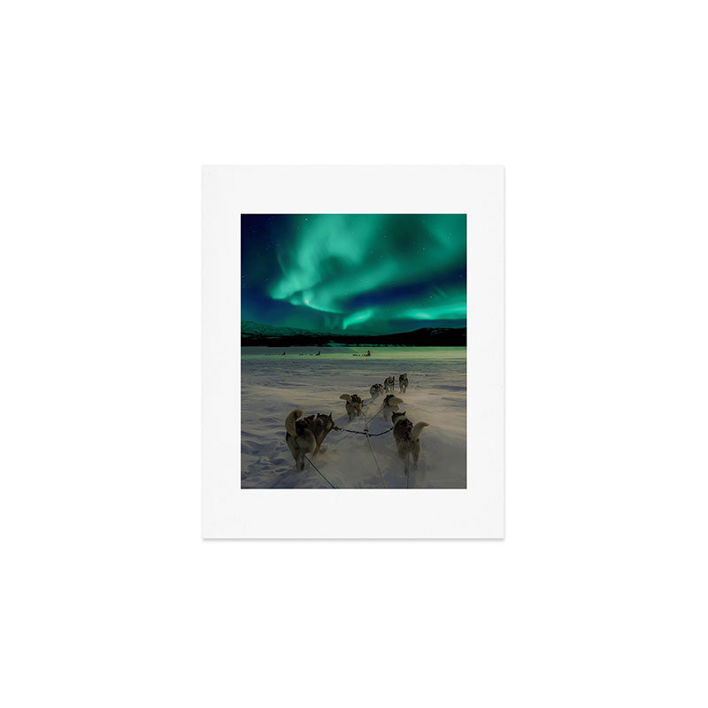 Winter Northern Lights Dog Sled (Color) Art Print Gallery Image 1