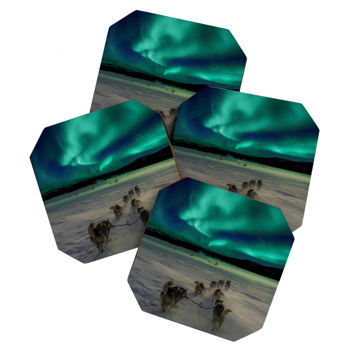 Winter Northern Lights Dog Sled (Color) Coaster Gallery Image 1